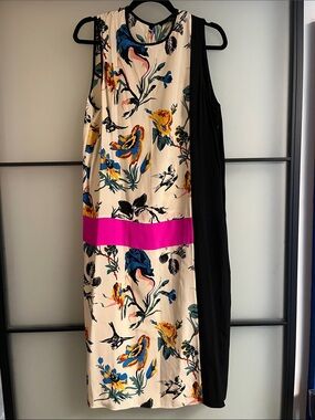 Tibi Cream Floral Midi Dress with Black Side Panel and Pink Band
